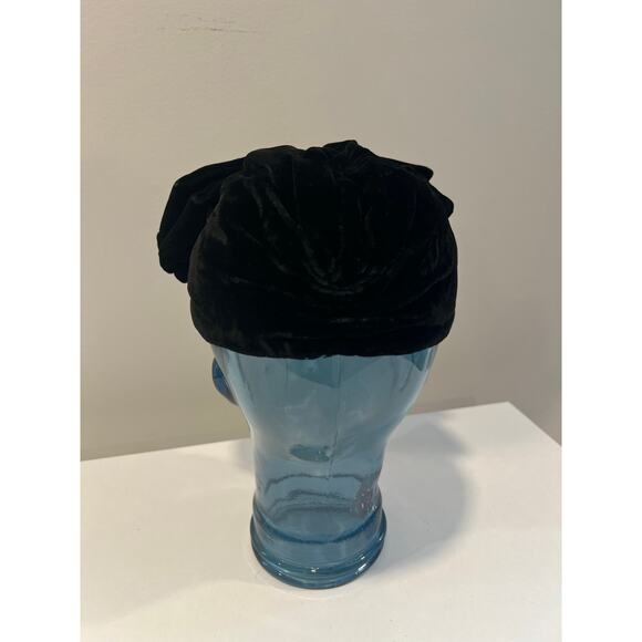 Vintage Turban Style Black Velvet Hat Large Bow JL - Picture 4 of 7